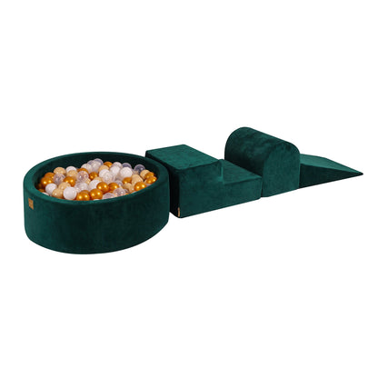 MeowBaby Green Velvet Foam Play Set with Ball Pit - Gold/Beige/White/Transparent Balls