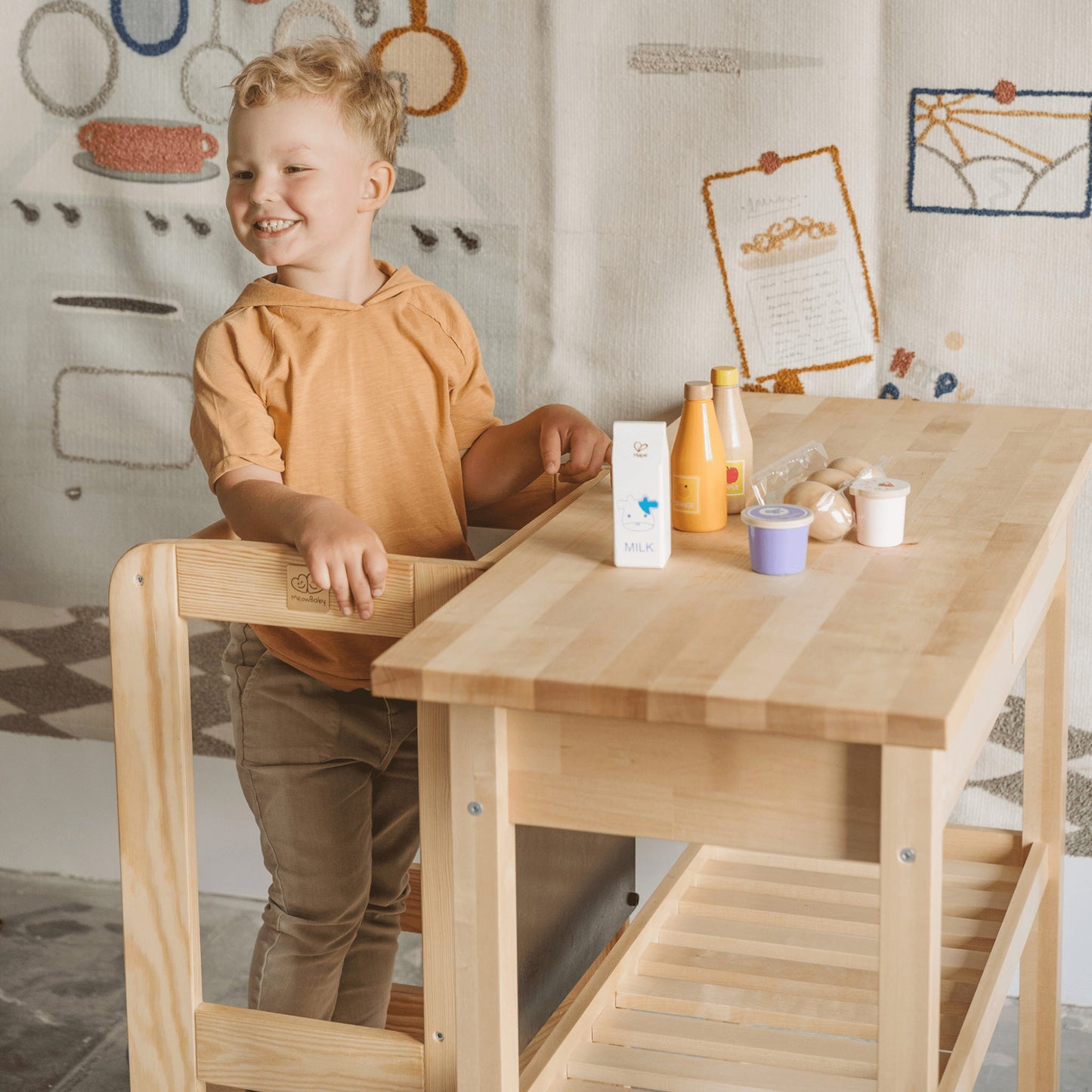 MeowBaby Wooden Kitchen Helper for Children - Natural